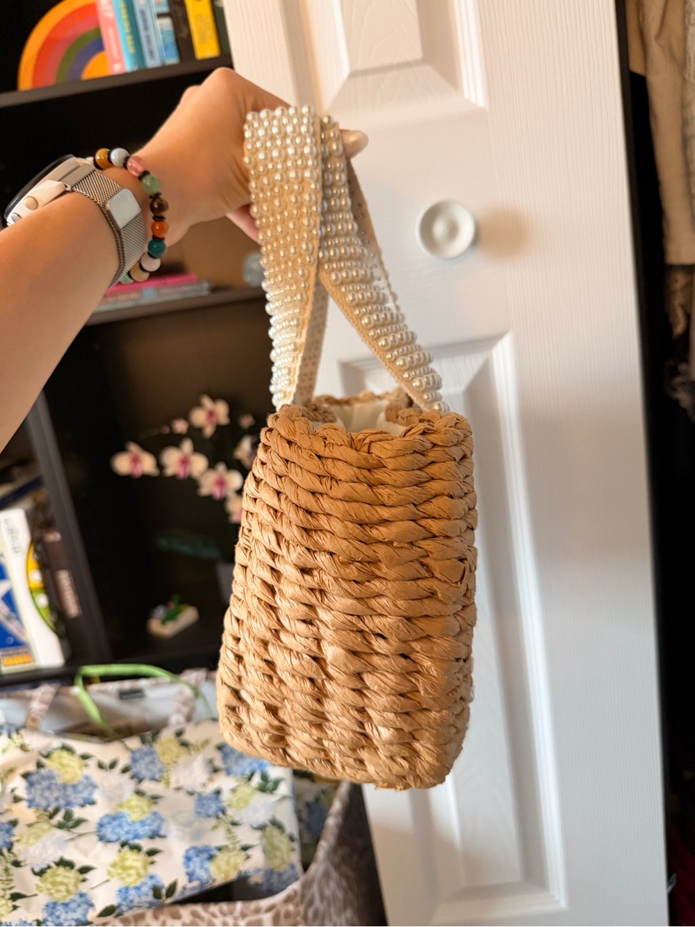 Pearl-Accent Woven Straw Tote Bag - Natural - Picture 5 of 8